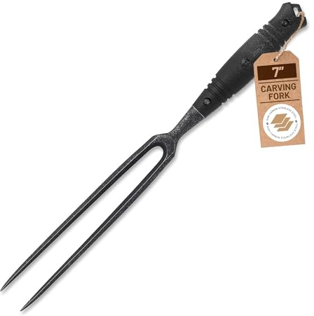 DFACKTO Interceptor 7-Inch Rugged Carving and BBQ Fork – Stonewashed High Carbon Stainless Steel Meat Lifting Tool with Tactical G10 Handle for Kitchen Cutlery, BBQ, Cooking, and Camping – Black
