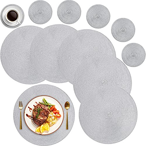 MI CASA Round Placemats and Coasters Set of 6, 34cm Woven Place Mats, Grey | Washable Heat Resistant Table Mats, Protects Surfaces from Scratches, Ideal for Kitchen Dining Home Restaurant
