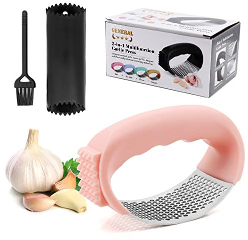 Bemodst Knoblauchpresse, Knoblauchpresse Wippe, knoblauchpresse Edelstahl 304, 2-in-1-Knoblauchschäler, Ergonomischer Griff,Einfach zu Bedienen und Leicht zu Reinigen mit Knoblauch-Reinigungsbürste