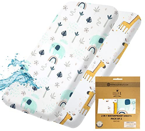 Bio-Baumwolle GOTS 2in1-Packung mit 2 Wasserdichten Spannbettlaken, die anstelle des Wasserdichten Matratzenschoners verwendet Werden, kompatibel mit Allen Beistellbetten, Stubenwagen bis zu 90x55cm