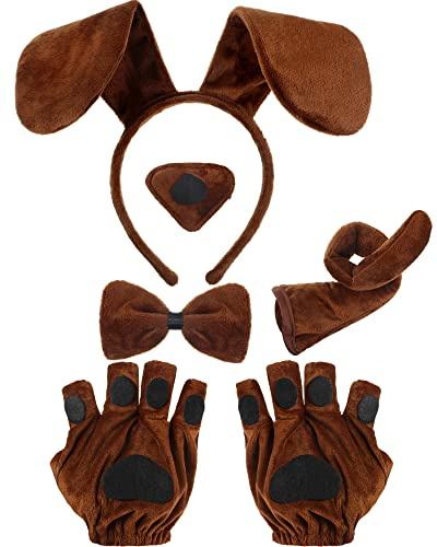 Cindeer 5 Pièces Ensemble de Cosplay de Chien Inclure Bandeau d'oreilles de Chiot Noeud Papillon Faux Nez Queue Gants de Patte de Chien Accessoires de Costume d'animaux pour Halloween (Brun)