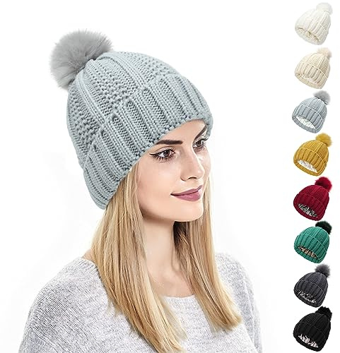 Kunyeah Bonnet d'hiver pour Femme Bonnet tricoté avec Pompon Bonnet doublé en Satin de Soie Bonnet Chaud de Couleur Unie pour Femmes Filles