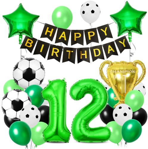 Fußball Luftballon 12 Jahre, Folienballons Fussball, Geburtstagsdeko Fußball 12, Trophäe Luftballon, Ballons Grün Schwarz, für Kinder Junge Geburtstag Party Dekoration