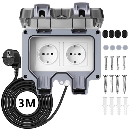Powerole 2-Fach Aussensteckdose Wasserdichte IP66 Steckdose mit Schalter Kontrollleuchte und 3 meter Kupferkernkabel，Outdoor Steckdose Gartensteckdosen Außensteckdose Wasserdicht Staubdicht Wetterfest
