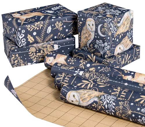 Ruspepa 4 rullar julpapper med blå uggla, renar, julgranskula och text, 43,2 cm x 3 m papper per rulle