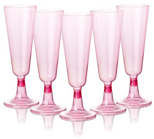 MATANA 50 Premium Pink Plastic Champagne Flutes with Glitters, 150ml - Reusable Plastic Cups, Pink Flutes, Prosecco Glasses for Weddings, Birthdays, Hen Do, Themed Parties