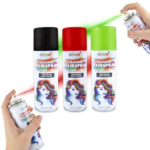 abeec Coloured Hairspray 3 Pack - Bold Washable Hair Colour for Kids & Adults - Fun Party, Sports & Halloween Fancy Dress Transformation