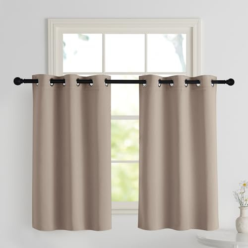 PONY DANCE Scheibengardinen Blickdicht Küchen Gardine Kurz Ösenschal 2er Set H 100 x B 90 cm Verdunkelungsvorhang für Kleine Fenster Vorhänge Verdunkelung, Taupe
