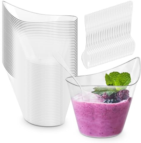 GOMETY Förpackning med 50 dessertkoppar i plast, 210 ml böjda runda dessertkoppar, genomskinliga minidessertkoppar, återanvändbar serveringsskål för pudding, mousse, dessert och fest (11,2 x 6,3 cm)