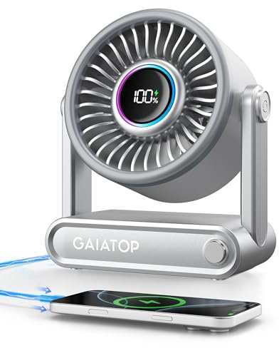 gaiatop Rechargeable Desk Fan with Power Bank, 6000mAh Battery Small Quiet Fan with RGB Ring, 18Hrs Runtime, 5-Speed Strong Wind, for Bedroom Office Desk Travel, Valentines Gifts for Men Women Teens