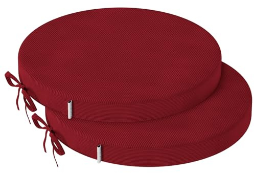 PRIMEPATIO Round Dining Chair Seat Cushions Set Of 2, 40x40cm, Red | 5cm Thick Round Bistro Seat Pads With Ties, Slip Resistant Cushions For Kitchen, Garden, Bar Stools and Indoor Outdoor Use