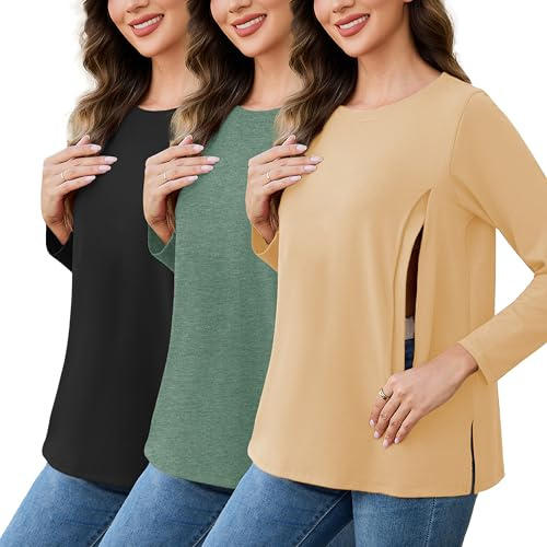 Love2Mi, confezione da 3 pezzi di magliette per l'allattamento da donna con cerniera, per l'allattamento libero, maglietta per la gravidanza, top per l'allattamento, L