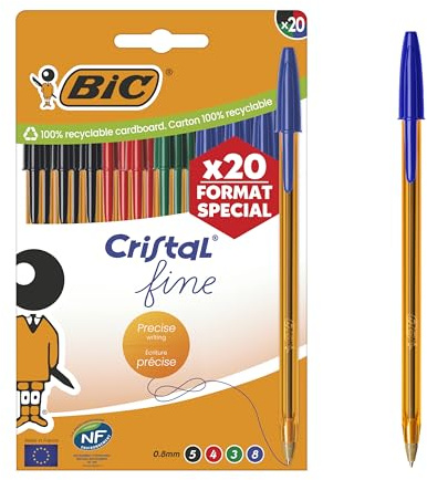 BIC Original Crystal Fine Penne a Punta Sottile (0,8 mm) con Corpo Arancione Traslucido - Colori Assortiti, Confezione da 20