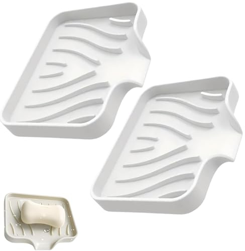 Zwenjuan Jabonera de Silicona con Drenaje,2 Piezas Antideslizantes para Baño y Cocina,Portajabones Blanco 12x10 cm,Mantiene Seco el Jabón
