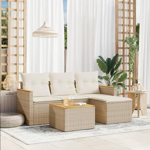 IKAYAA Sofa Exterior de Ratán, Muebles de Jardín con Función de Almacenamiento, Sofá Jardín, Conjunto Sofá Jardin Exterior de Ratán Muebles Jardín Exterior- 5 pzas Beige#106
