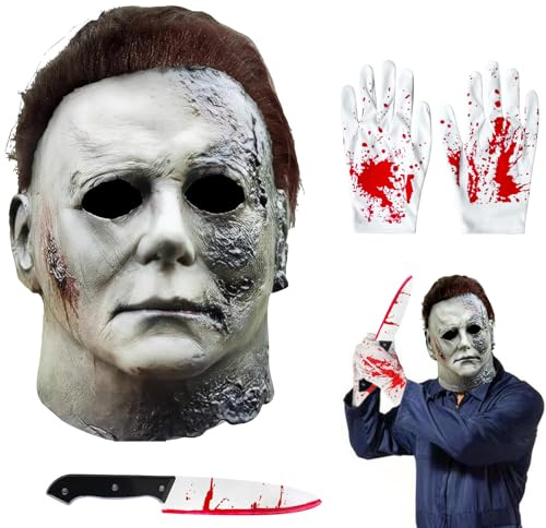 Gillterway Michael Myers Mask Halloween 3Pcs Set with Knife & Gloves – Scary Horror Latex Full Head Mask with Hair, Cosplay Costume Props for Adults, Halloween Party & Theme Events (B)