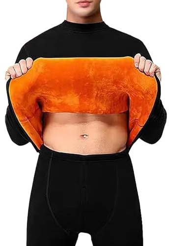 Conjunto de ropa interior térmica para hombre con forro polar naranja, camiseta de cuello alto y leggings, capa base súper cálida con forro polar cálido para invierno