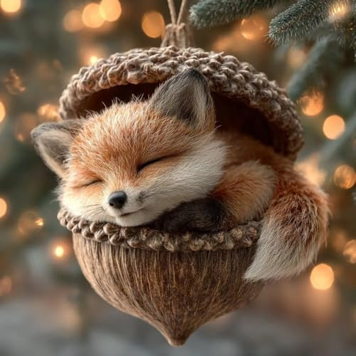 3D Forest Animal Acorn Ornaments, Cozy Forest Christmas Ornaments and Crafts, Lovely Sleeping Animal Resin Hanging Decor, 3D Rustic Nature Themed Christmas Tree Decoration (#A)