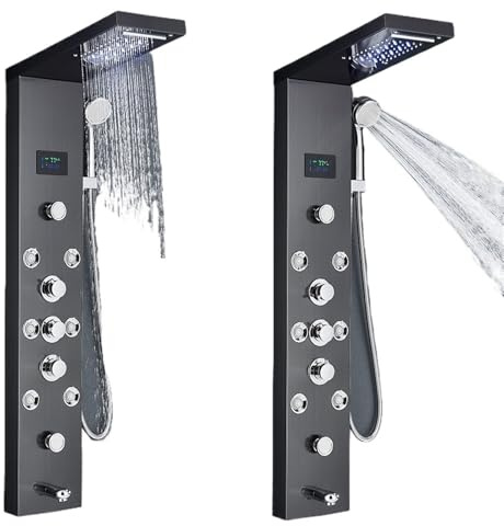 LED duschpanel tornsystem regn vattenfall duschkolumn hydroelektricitet LCD-skärm med kropp spa bad duschkran (guld 8009)