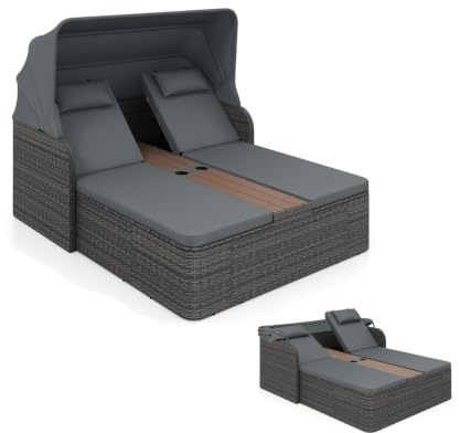 LIFEZEAL Méridienne d'Extérieur en Rotin, Lit de Repos Double en Rotin, avec Hauteur du Dossier Réglable sur 5 Positions, Auvent Rétractable, Appui-Tête, pour Jardin (Gris)