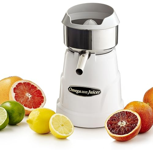 Omega C-10W Professional Citrus Juicer Features 3 Juice Cones for All Citrus Sizes 150 Rotations Per Minute Surgical Steel Bowl and Pulp Strainer with Non-Slip Feet, White