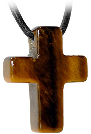 Kaltner Präsente Edelstein Halskette mit Anhänger/Tigerauge/Lederband mit Kreuz Anhänger/Hochwertiger Edelsteinanhänger mit Lederkette/Edelsteinkreuz 25 x 20 mm