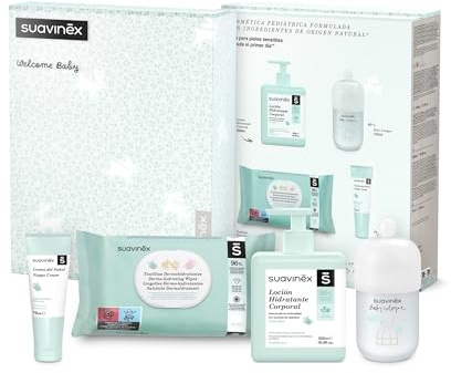 Suavinex, Canastilla Bebé Recién Nacido. Canastilla de Cosmética con: Crema Pañal 75 ml + Loción Hidratante Corporal 500 ml + Fragancia Baby Cologne 100 ml + Toallitas 60 uds. Regalo para Bebés. Azul