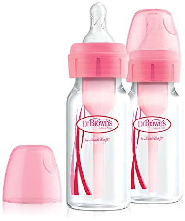 Dr Brown's Natural Flow Anti-Colic Options+ Narrow Baby Bottle, 4oz/120 ml, with Level 1 Slow Flow Teat, Pack of 2, Pink