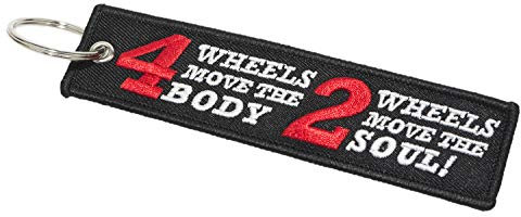 Schlüsselband 4 Wheels Move The Body, 2 Wheels Move The Soul, schwarz weiß rot Schlüsselanhänger in Signalfarben für Biker, Motoradfans, Zweiradfahrer, Vespafreaks und Radler!
