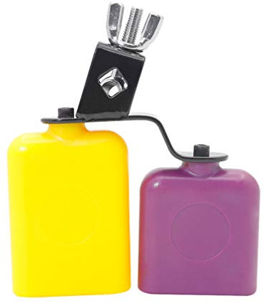 Yellow and Purple Square Wooden Fish Cow Bell, High and Low Pitch Cattle Percussion Instrument, Adjustable Angle, Durable Metal Bracket, Great for Kids' Musical Rhythm Sense