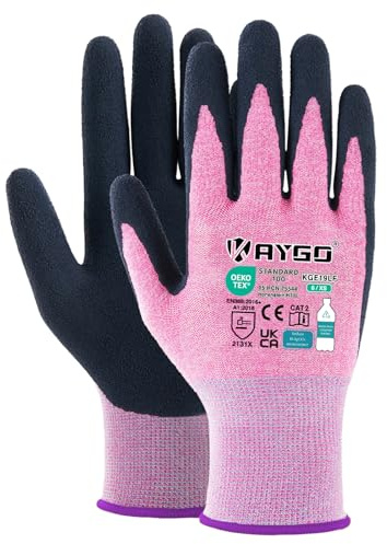KAYGO guanti da lavoro rivestiti in lattice per le donne traspiranti, 3 paia guanti da giardinaggio in poliestere riciclato, guanti da lavoro ecologici per le donne, KGE19L (Rosa, XS, taglia 6)
