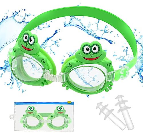 Schwimmbrille für Kinder, Frosch Schwimmbrille für Kleinkinder Jugendliche 4-14, Anti-Fog Schwimmbrille mit Ohrstöpsel, Wasser Pool Brille, Breiten Gläsern, UV-Schutz, Auslaufsicher, Klare Sicht
