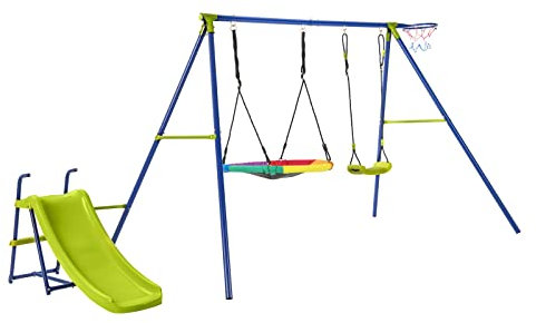 Maxmass Kids Swing Set, 4-in-1 Metal Swing Frame with Adjustable Saucer Swing & Belt Swing, Slide and Basketball Hoop, Outdoor Swing Playground Playset for Garden Backyard Blue + Green 110MAX92