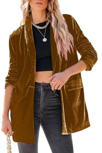 Happy Sailed Women Velvet Blazer Jackets Casual Long Sleeve Lapel Collar Pocketed Blazer Suits Work Outfits Brown Small