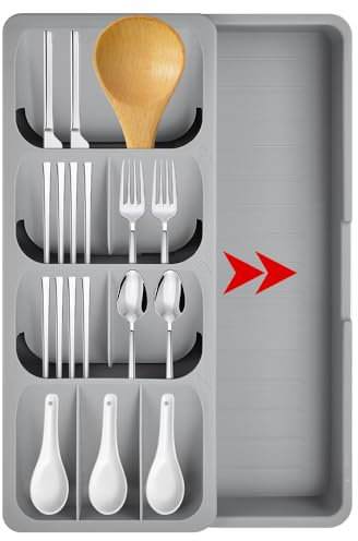 SLTAXAR Besteck Organizer Schublade Küchenschubladen Organizer Besteck Kompakter Küche Besteckteiler Besteckkasten für Schubladen Kunststoff Besteck Kasten Grau für Besteck, Löffel, Messer Gabel