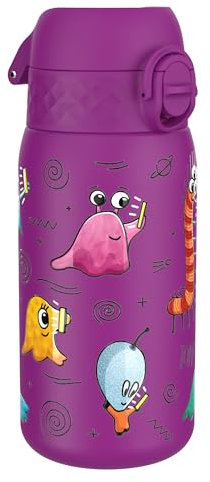 ION8 Kinder Trinkflasche, Edelstahl Leicht 400ml, Nicht Isoliert, Auslaufsicher, Einhandöffnung, Sichere Verriegelung, Spülmaschinenfest, Klappdeckel, Leicht zu Reinigen, Außerirdische