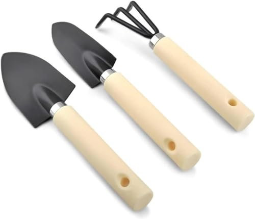 Juego de mini herramientas de jardín, 3 palas, tenedor y pala de jardín, kit de herramientas para bonsái con mango de madera, ideal para flores, plantas en maceta, juego de herramientas de jardín