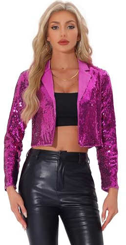 Allegra K Chaqueta de Lentejuelas para Mujer con Cuello de Solapa y Frente Abierto Blazer Corta Disfraz de Halloween Rosa Caliente XL