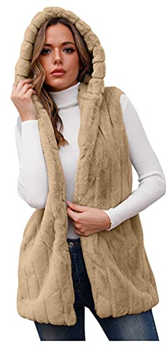 Chaleco de piel largo para mujer, de piel sintética, con capucha, sin mangas, cálido, abrigo de piel, cómodo y suave, para bodas, entretiempo, beige, XXL