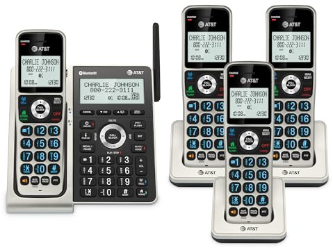 AT&T BL3107-4 DECT 6.0 4-Handset Cordless Phone with Bluetooth Connect to Cell, Smart Call Blocker, Digital Answering System, Extended Range, Big Buttons - Titanium Black