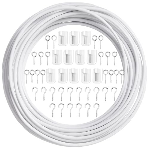 Shappy Curtain Wire with Self-Adhesive Hooks, Hooks and Eyes for Net Curtain Rod (12 Meters, 16 Pairs)