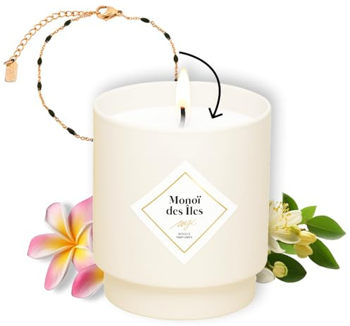 MY JOLIE CANDLE - Bougie Bijou Parfumée Monoï des Îles - Bracelet doré en acier inoxydable avec perles noires - Cadeau parfait pour Noël et anniversaire - Cire à base végétale - Made in France