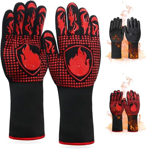 Guanti da barbecue resistenti al calore, 800 °C, resistenti al taglio, guanti ignifughi, guanti da cucina in silicone antiscivolo per barbecue, grigliate, forno, cottura, saldatura (rosso)