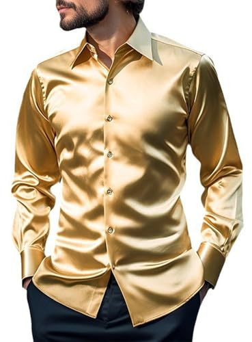 Wirltte Camisa de vestir para hombre, de seda, manga larga, ajustada, para boda, fiesta, discoteca, graduación, lentejuelas, dorado, M