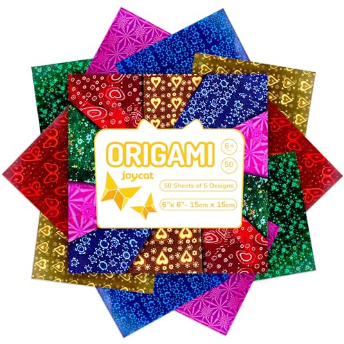 JoyCat Carta per origami laser iridescente, 50 fogli, 15,2 x 15,2 cm, olografica, double face, per creazioni accattivanti