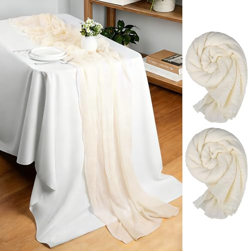 Fovths 2 Stück Beige Tischläufer (3 m x 80 cm), Boho Dekostoff Kasetuch Tischläufer 10 Fuß, Rustikale Musselin Tischdecke für Hochzeit, Babyparty, Geburtstag, Feiertag, Party