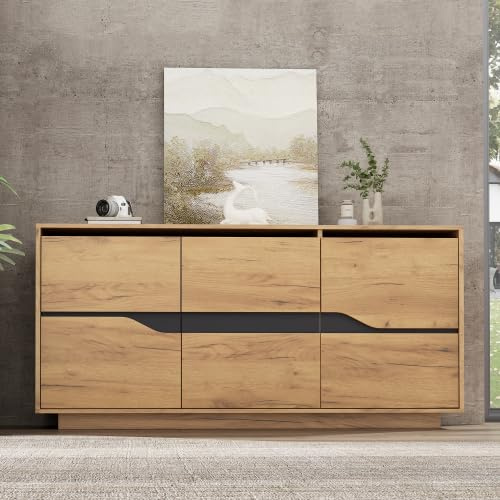 Merax Buffet 140 x 40 x 70 cm - Commode moderne avec 3 portes et séparateurs réglables - Armoire de salon et de cuisine multifonction en couleur bois + noir - Armoire de rangement polyvalente