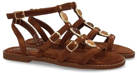 102076 Sandalia plana mujer con estilo romano, diseno de tiras cruzadas y adorno de pedreria y hebillas. Cierre de hebilla en el tobillo. Suela comoda y ligera. Ideal para verano. Marron Talla 37