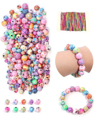 KACZUS Lot de 100 perles fleurs colorées à enfiler 8 mm, perles rondes en argile polymère, mélange de couleurs, kit DIY pour bracelets et bijoux pour enfants et adultes