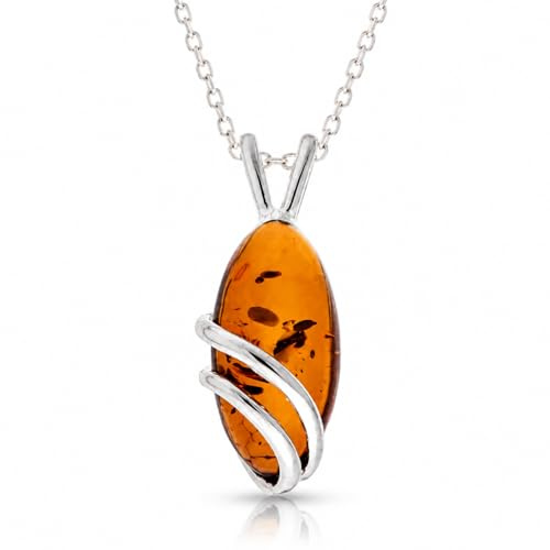 SilverAmber Jewellery UK Genuine Baltic Amber Pendant for Women, 925 Sterling Silver Modern Necklace Charm, Natural Cognac Amber Gemstone Jewellery Gift, No Chain - GL271